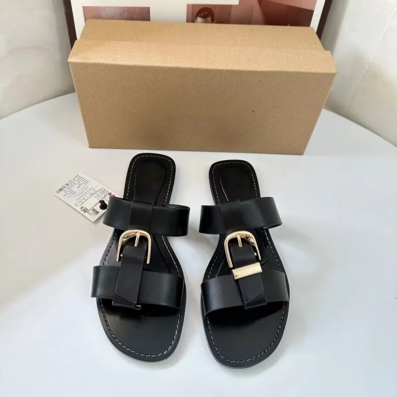 Brown Double Strap Buckle Flat Sandals For Women
