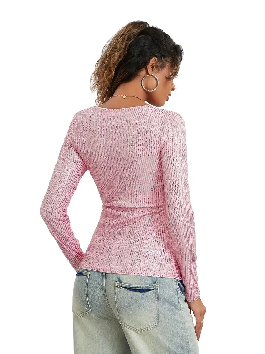 Women Long Sleeve Cropped Top Sequin Basic T-shirt