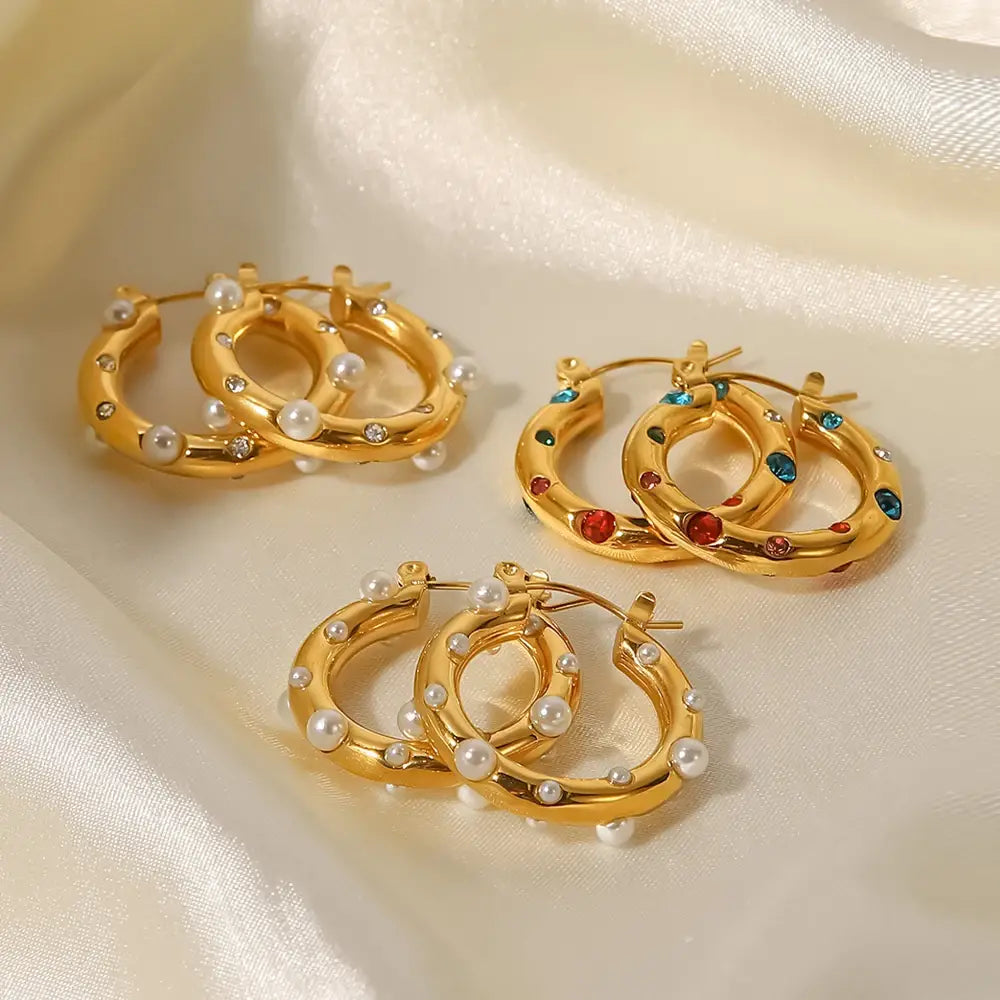 Shaped Hammer Shiny Zircon CC Shape Hoop Earrings Stainless Steel