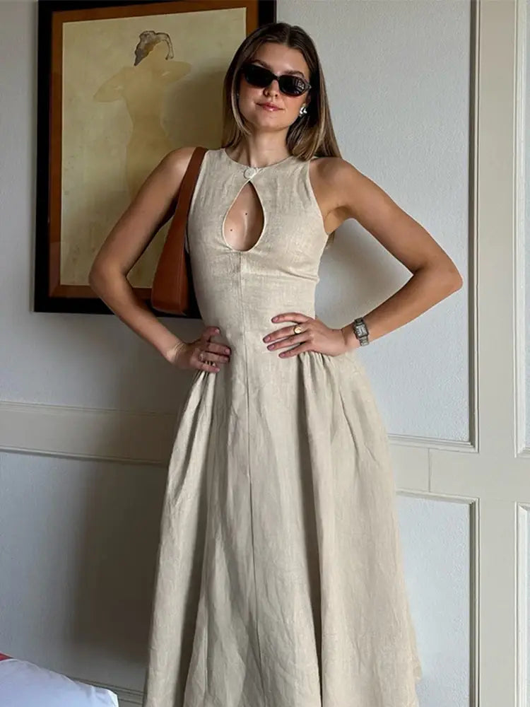 Elegant Single Button Hollow Out Midi Dress for Women