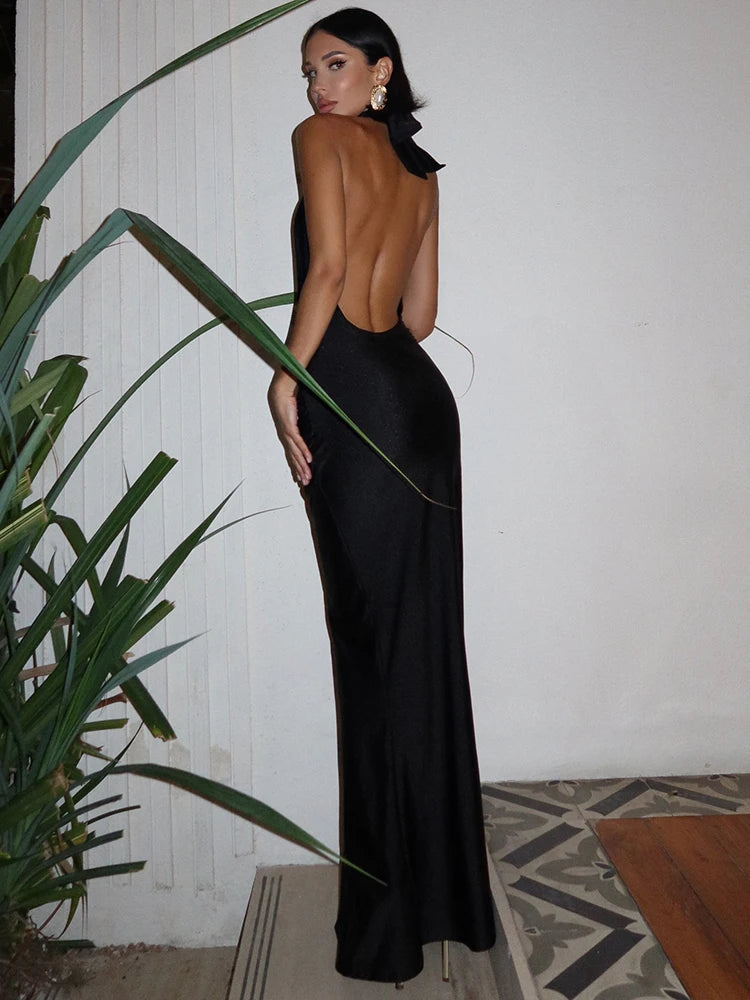 Halter Deep V Neck Backless Maxi Dress For Women - Norellé