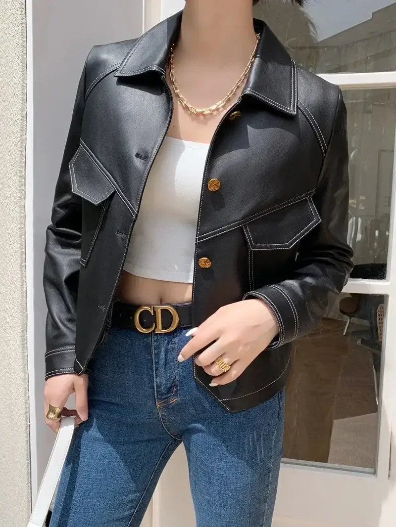 Single Breasted Leather Jacket Women’s Short Slim Fit Motorcycle