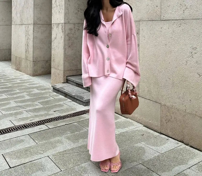 Women’s Clothing Solid Color Knitted Cardigan + Dress Elegant 2-Piece Sets for Women