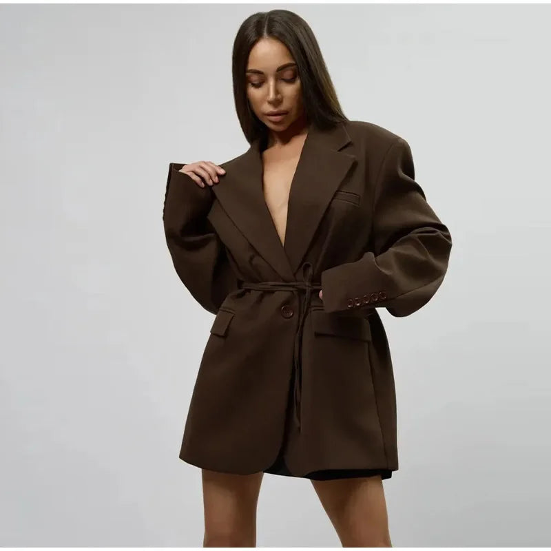 Women’s Tie Waist Blazer Coat Oversized Padded Shoulder