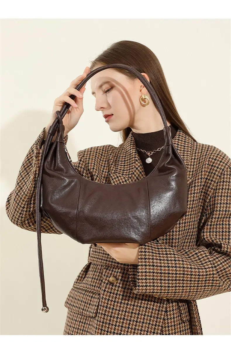 Cowhide Genuine Leather Half Moon Shoulder Bag