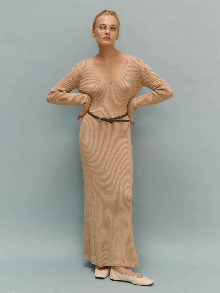 Women’s Long Sleeve V-neck Slim Bodycon Knitted Maxi Dress