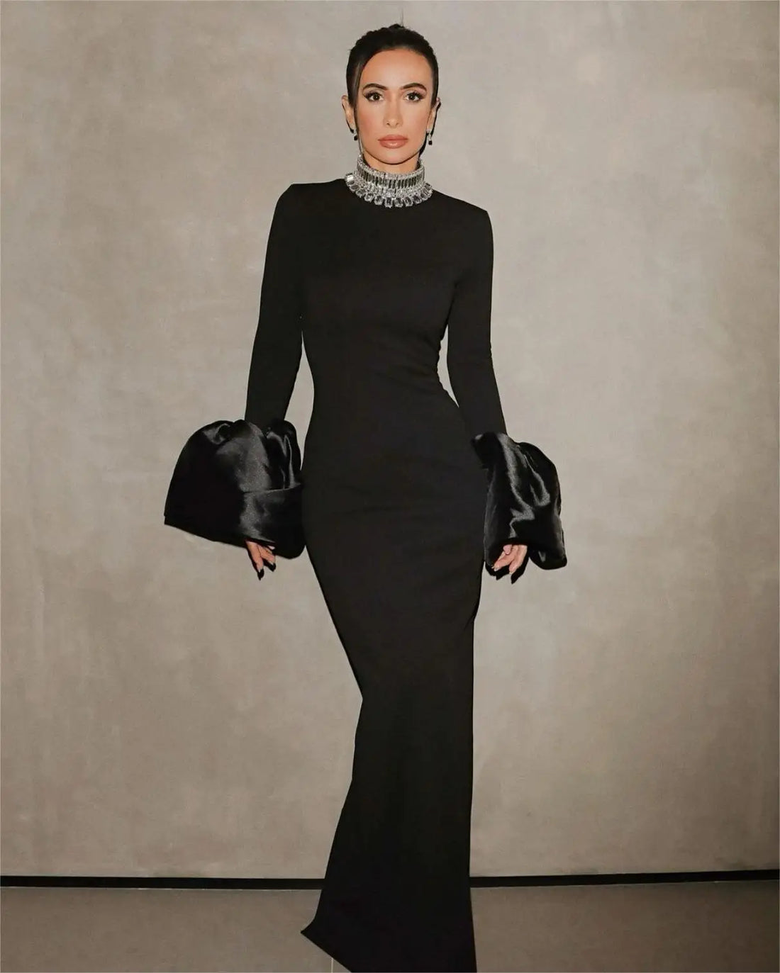 Shining Diamonds Neck Flare Sleeve Black Long Bandage Dress - Norellé