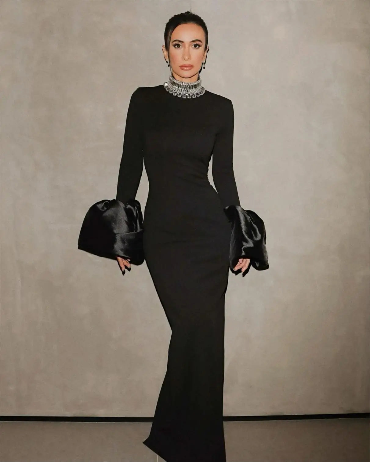 Shining Diamonds Neck Flare Sleeve Black Long Bandage Dress - Norellé