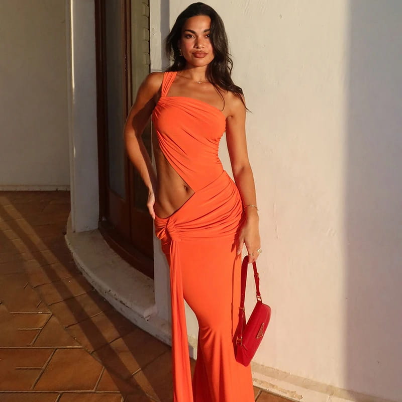 Women’S Solid Color One Shoulder Hollow Out Backless Dress