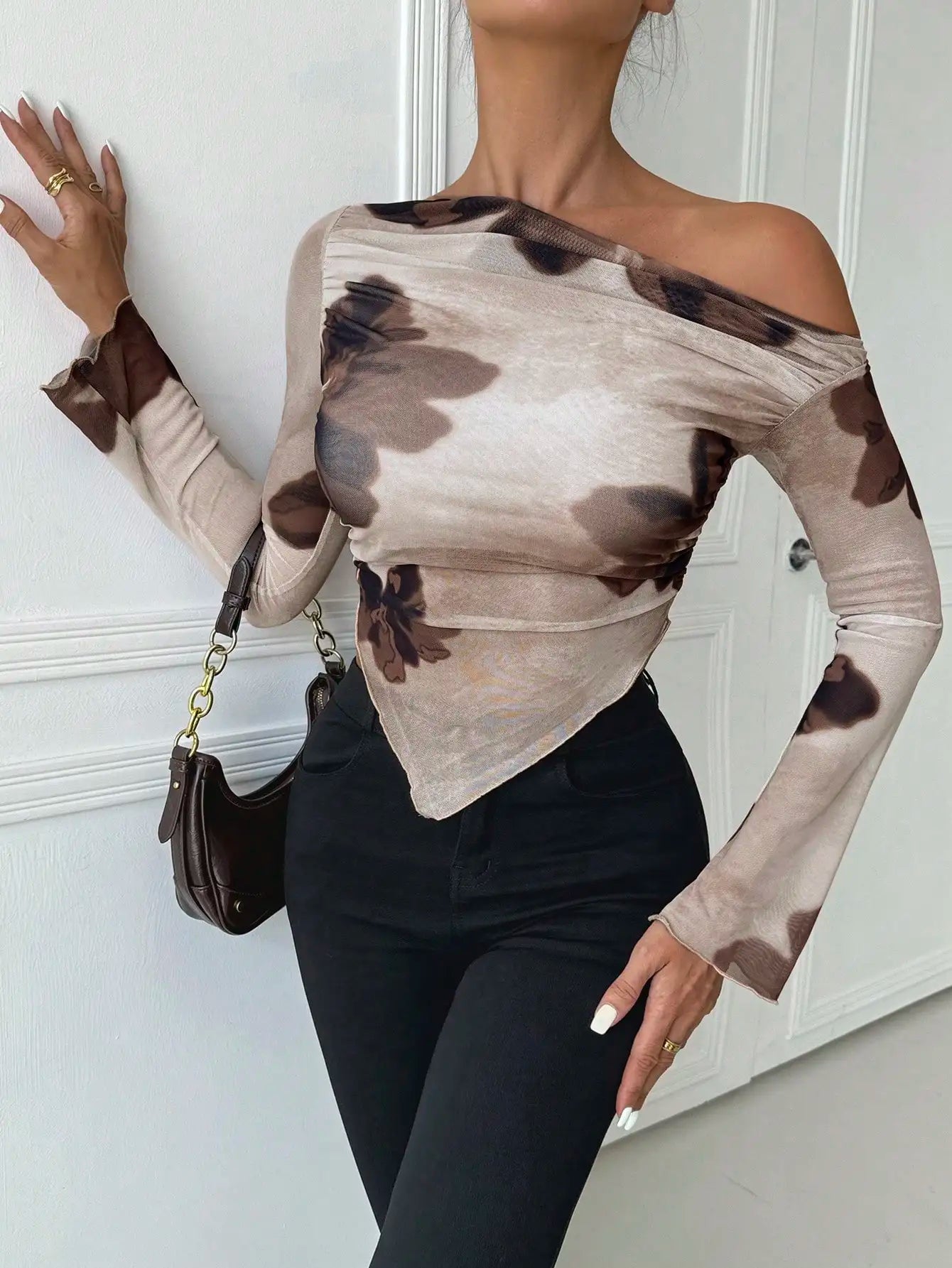Mesh Print Diagonal Shoulder Long Sleeve Top