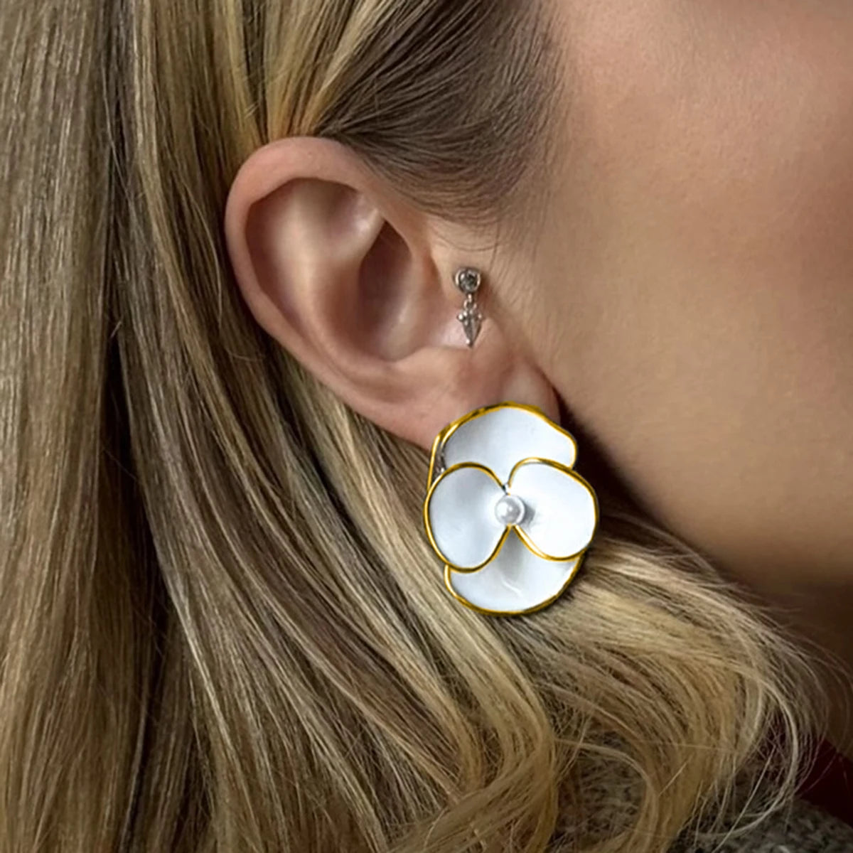 Stainless Steel Drip Oil White Four Petal Flower Ear Studs