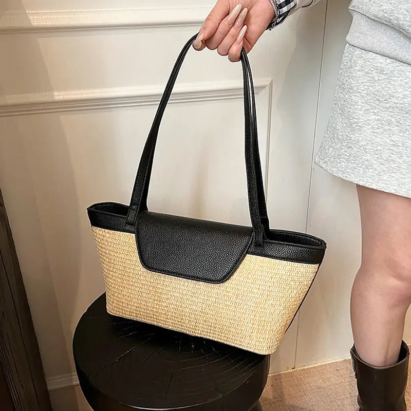 Women Shoulder Bag PU Woven Patchwork Stick