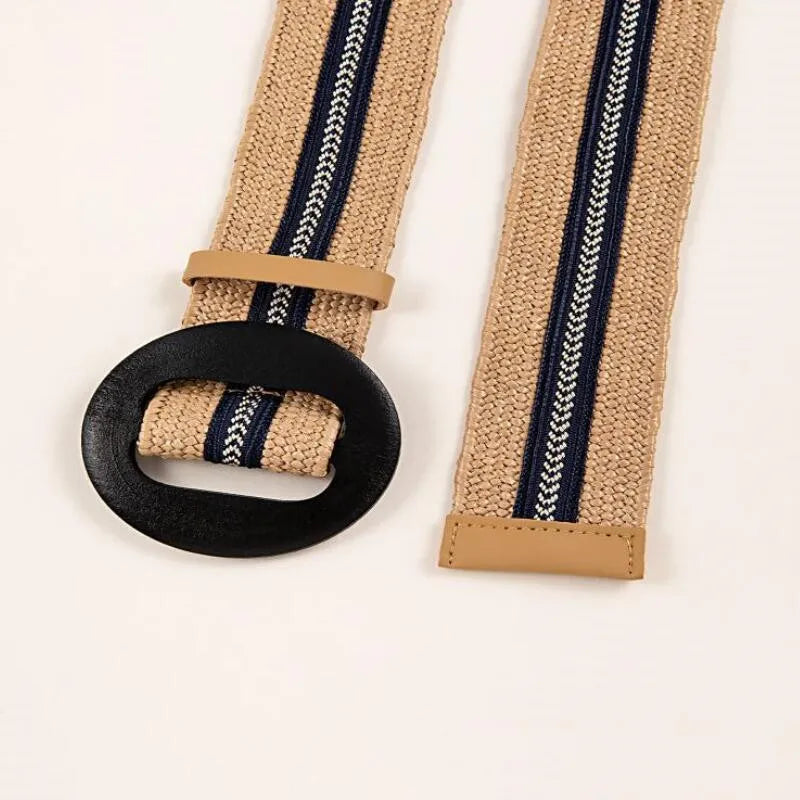 Patchwork Round Wood Buckle Women Belt