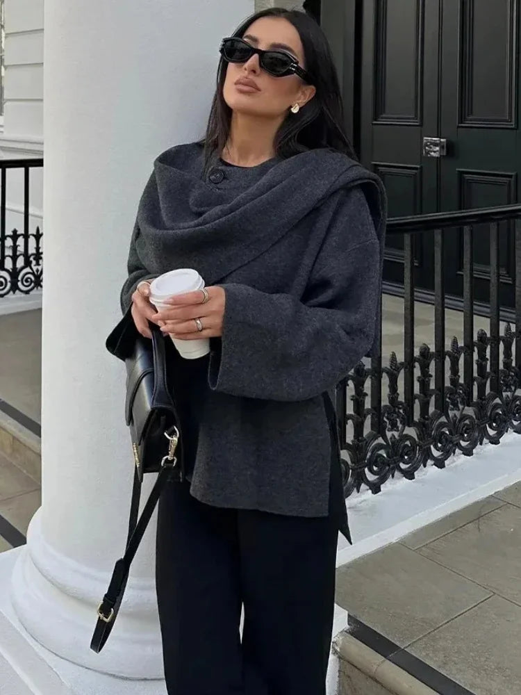 Women's Asymmetric Scarf Knitted Jacket O-neck Single Button Side - Norellé