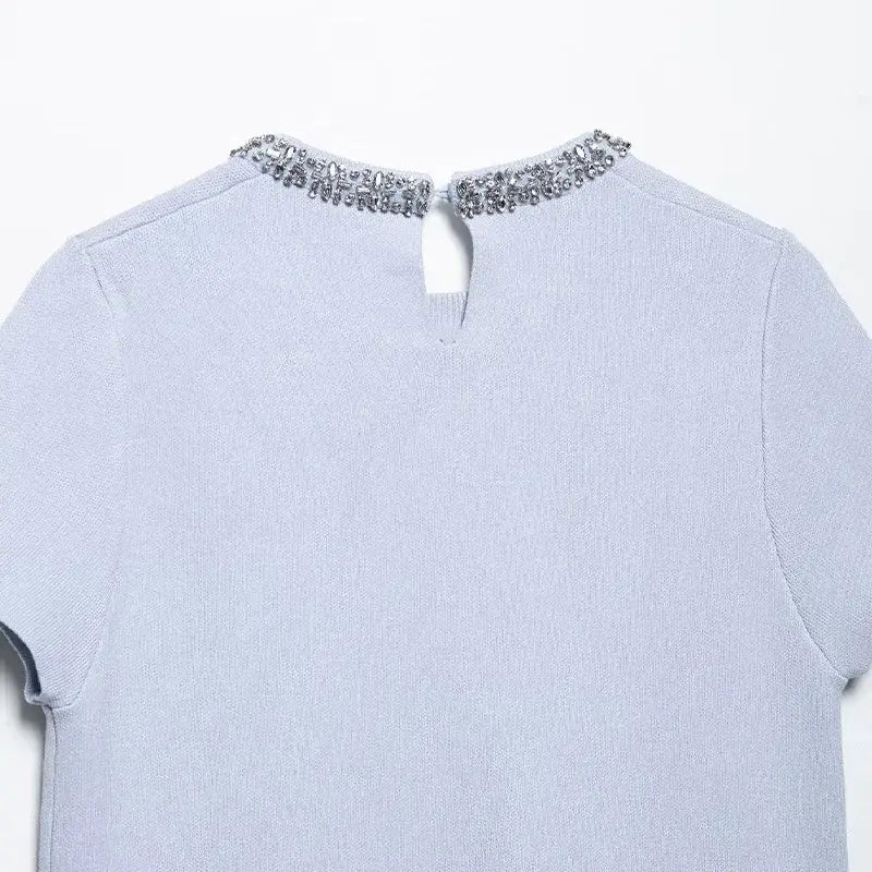 Women Fashion With Pearls Blue Knitted Pullover Sweater Vintage O-Neck Short Sleeves