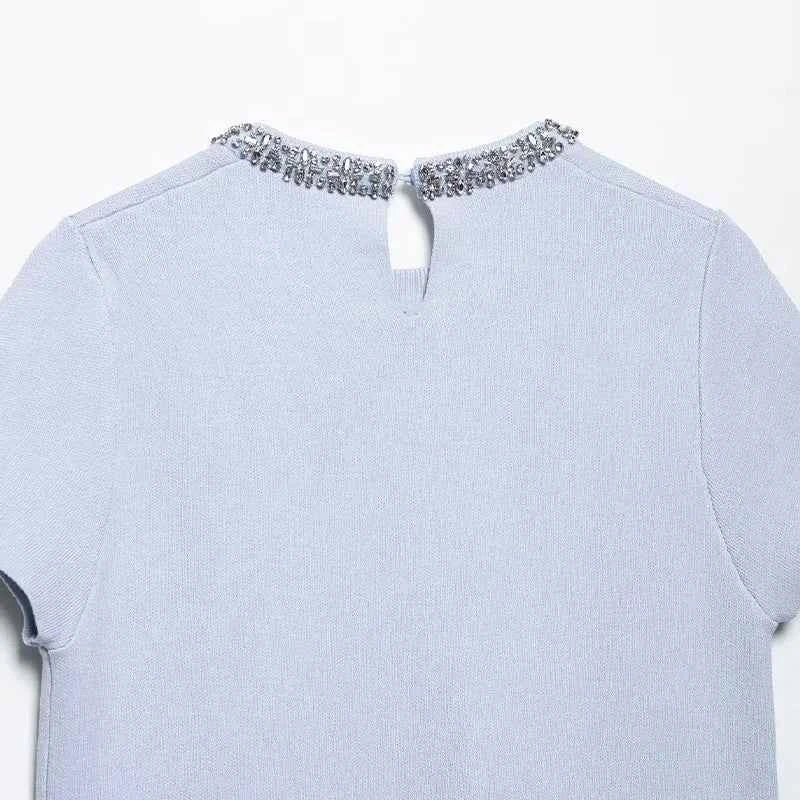 Women Fashion With Pearls Blue Knitted Pullover Sweater Vintage O-Neck Short Sleeves