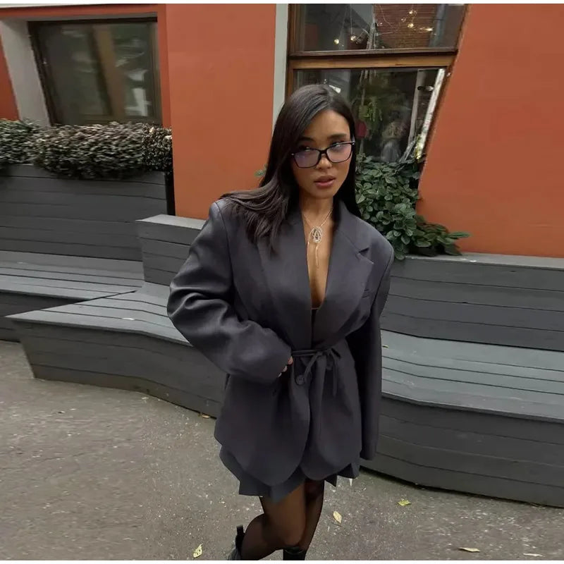 Women’s Tie Waist Blazer Coat Oversized Padded Shoulder