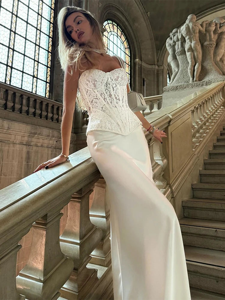 Elegant Satin Skirts And Vest Suits Women French Vintage Lace - Norellé