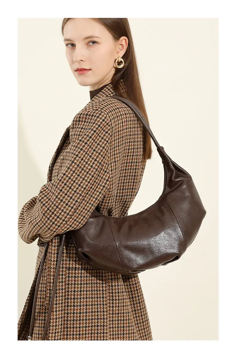 Cowhide Genuine Leather Half Moon Shoulder Bag
