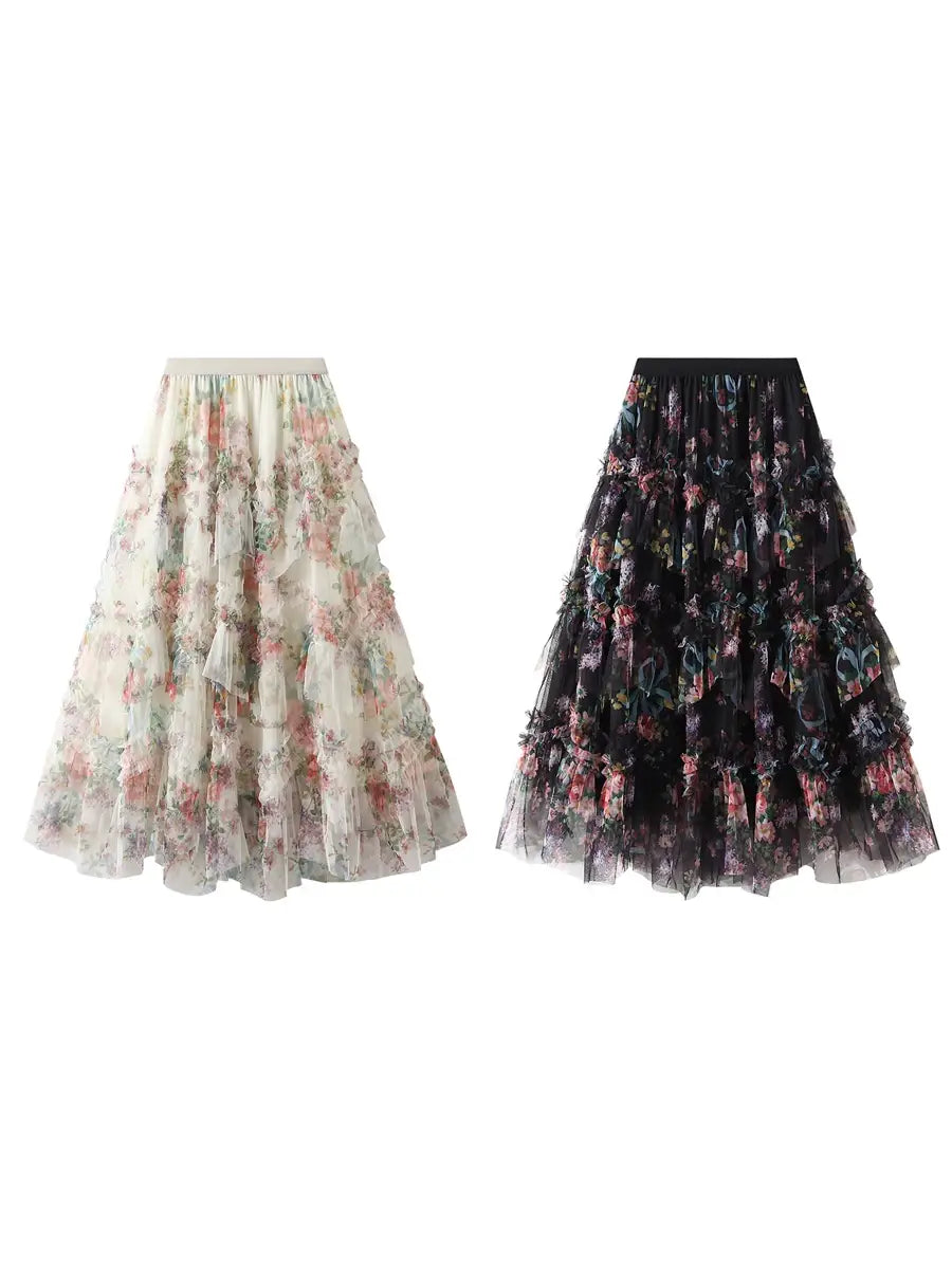 Floral Print Ruffle Mesh Skirt Women
