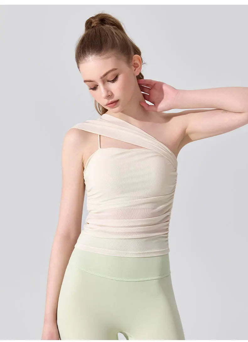 Sleeveless Slimming Top Single Shoulder Straps Women Yoga Mesh Tank