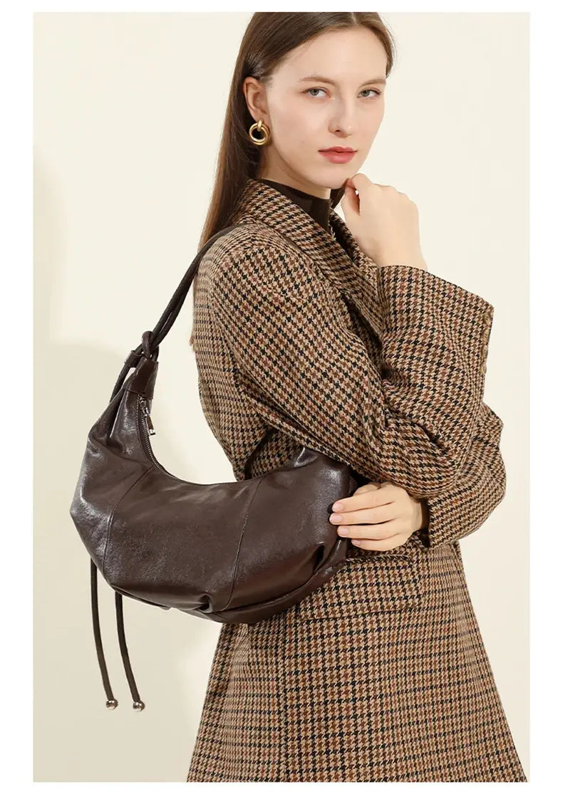 Cowhide Genuine Leather Half Moon Shoulder Bag