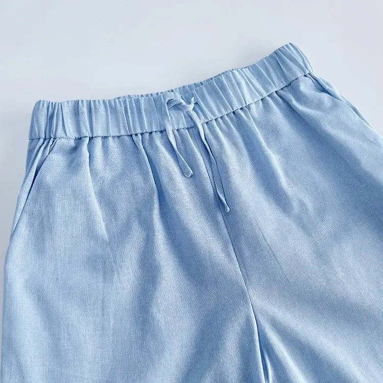 Women Pant Set Suits Cotton Solid Outfits V-neck