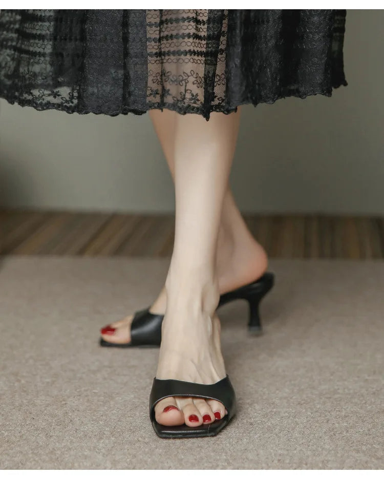 Genuine Leather French Slim Heel Slippers for Women’s