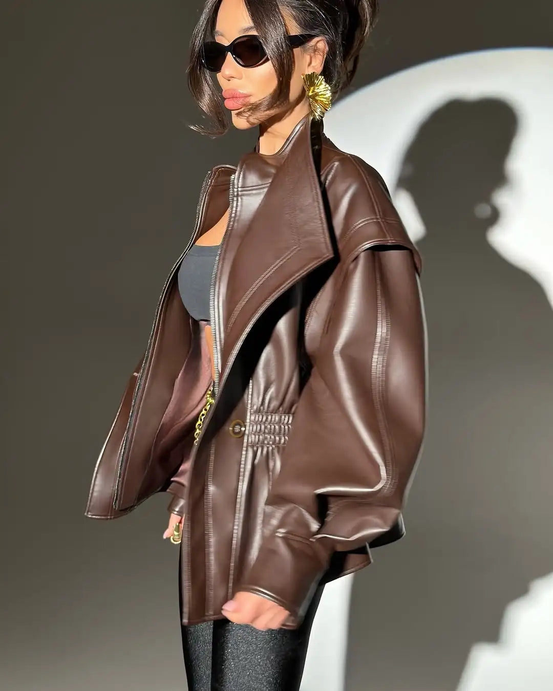 Elastic Waist Cinching Brwon Leather Jacket Women