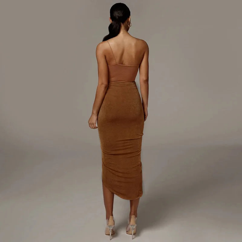 Women Asymmetrical Shirring Skirt High Waist