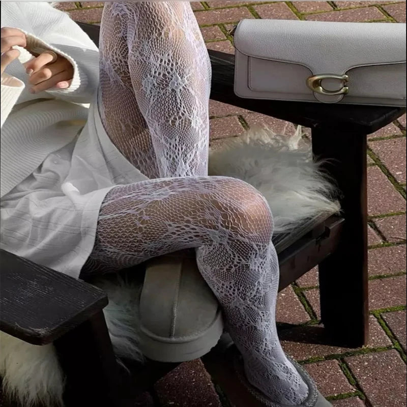 High Elastic Black Hollowed Lace Fishnet Patterned Tights for Women