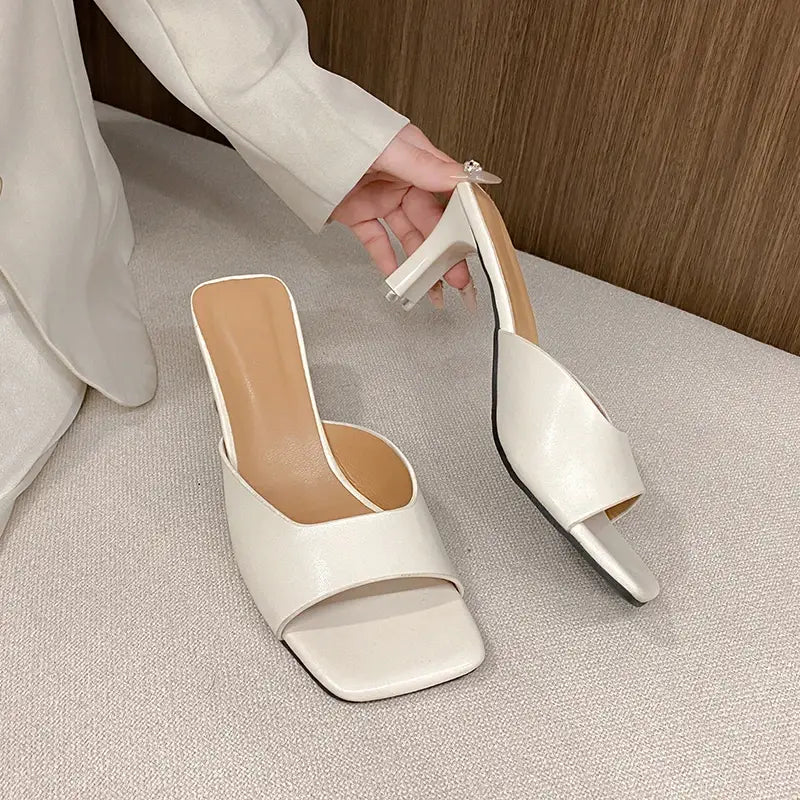 Women Heeled Mules Sandals Soft Leather