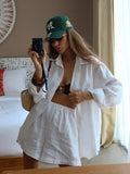 Women's Casual Shorts Sets 100% Cotton Solid Color Cozy Lapel - Norellé