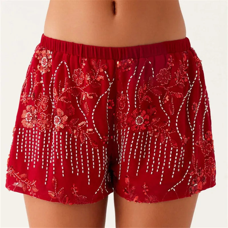 Womens Sequin Sparkle Beaded Mini Shorts