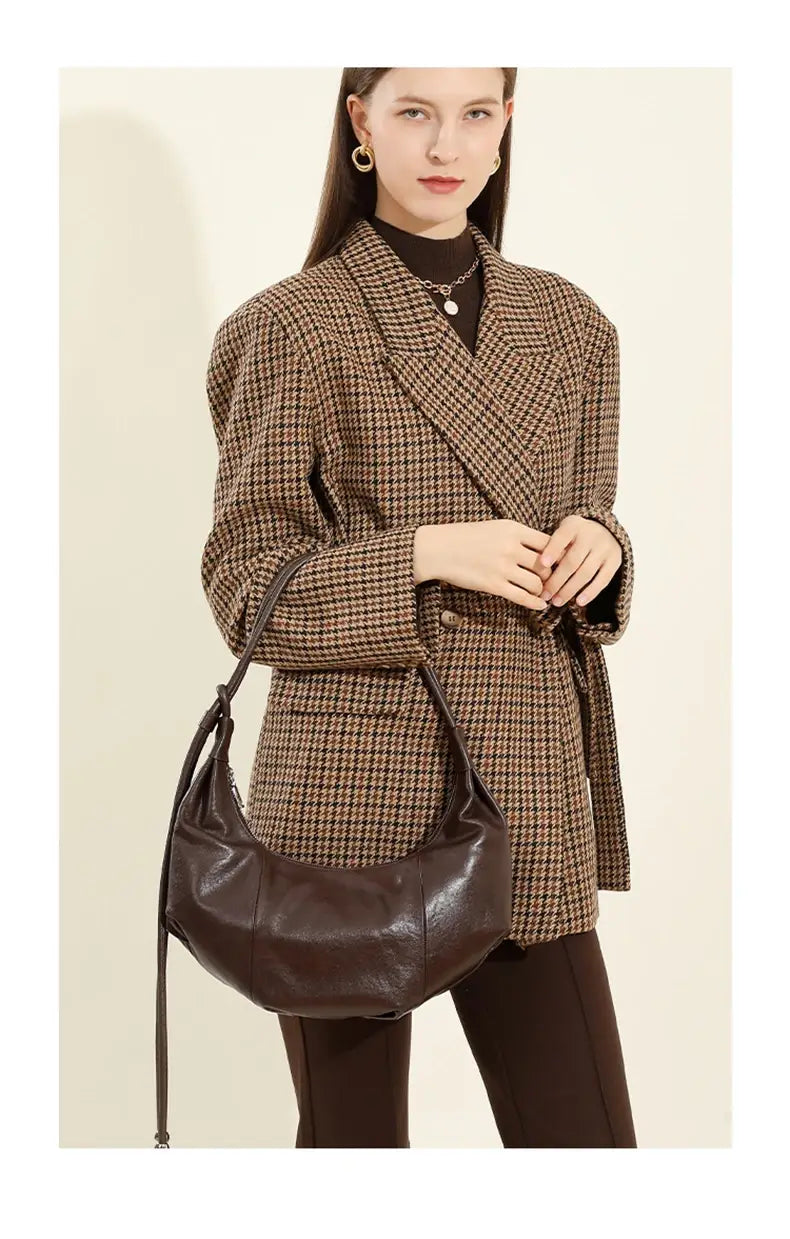 Cowhide Genuine Leather Half Moon Shoulder Bag