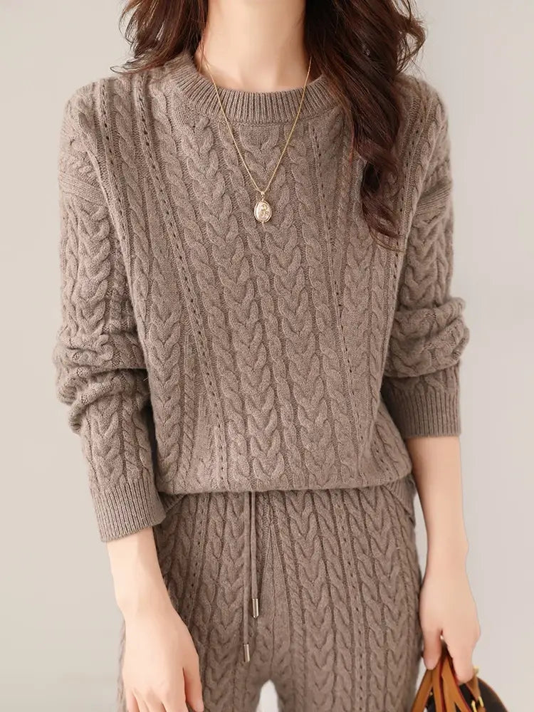 100% Wool Suit Women’s Pullover Sweater Knitting O-neck Wide Leg Pant