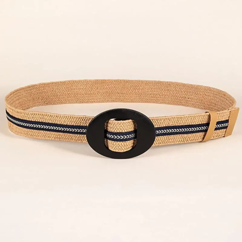Patchwork Round Wood Buckle Women Belt