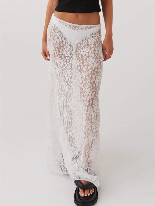 Women Lace Long Skirt Low Rise A-line Midi Skirt - Norellé
