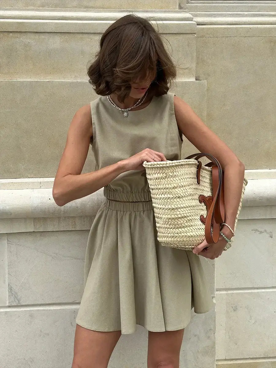 Summer New O-Neck Vest Pleated Skirt 2-Piece Set