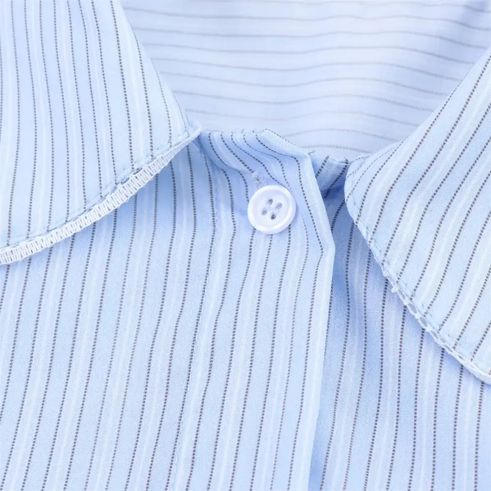 Women’s Lace Detail Striped Short Shirt Fluffy Mid Waist Skirt Pants Set