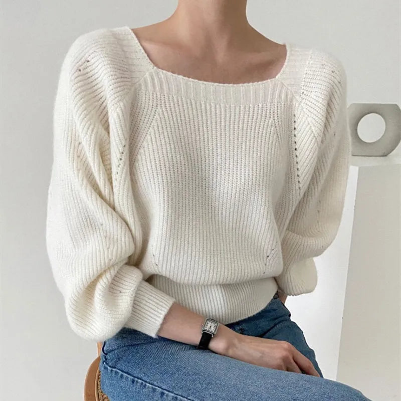 Elegant Square Neck Retro Casual Women Knitted Sweater