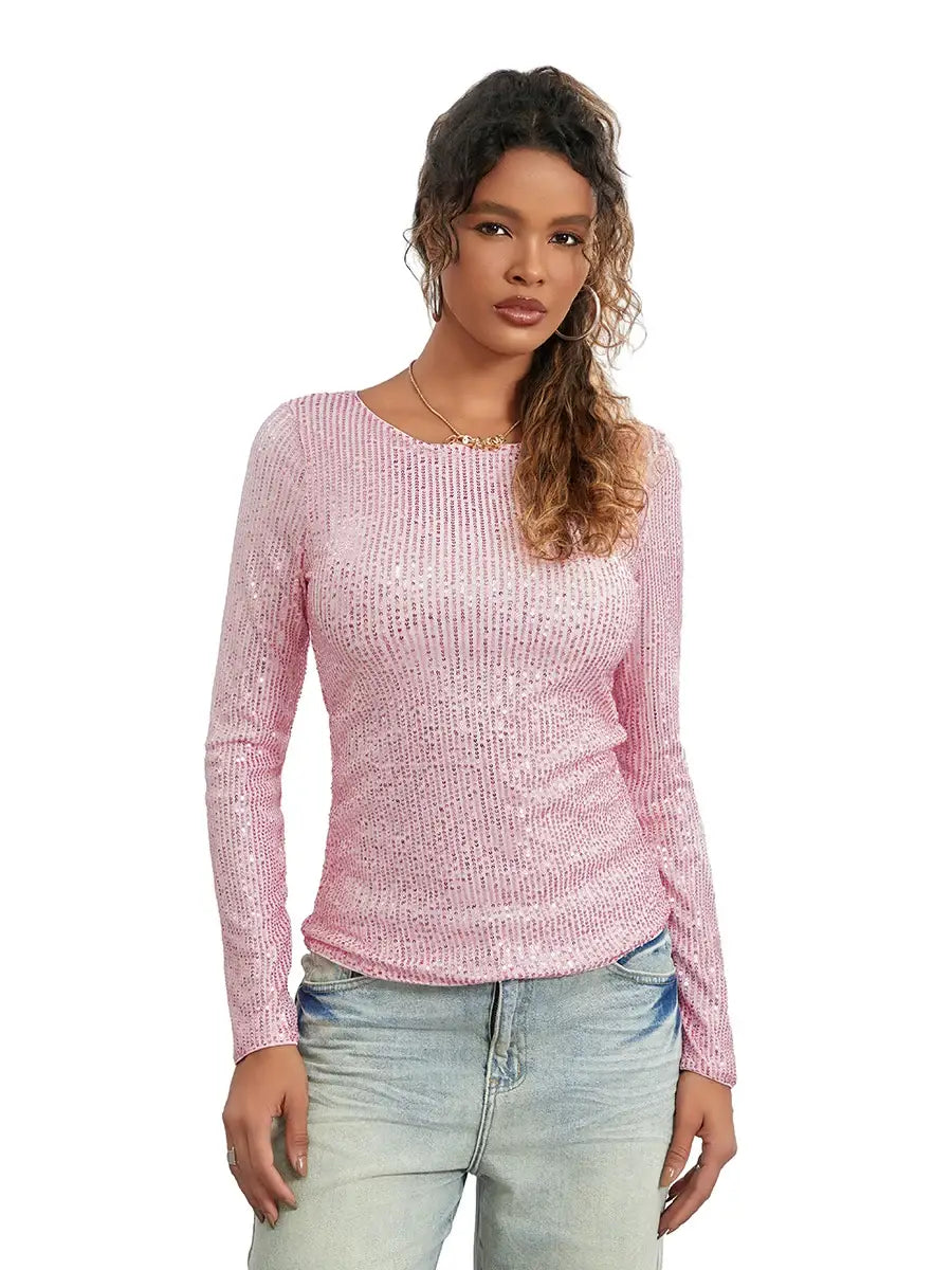 Women Long Sleeve Cropped Top Sequin Basic T-shirt