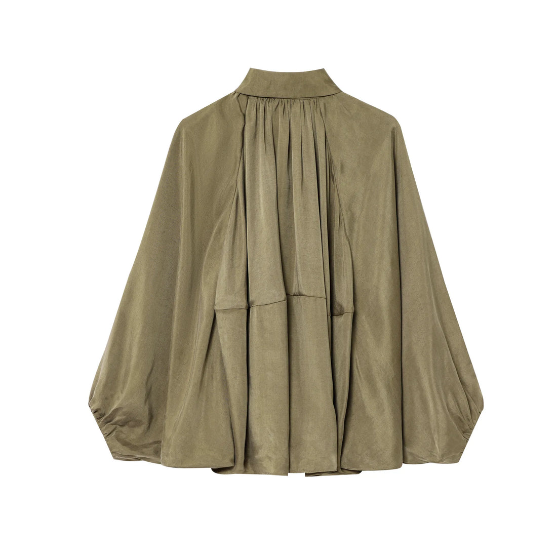 Women Vintage Pleated Shirt Loose Lapel Lantern Sleeves Front Zipper