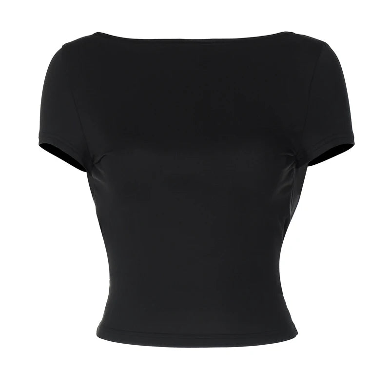 O Neck Short Sleeve Backless Ruched Crop Top
