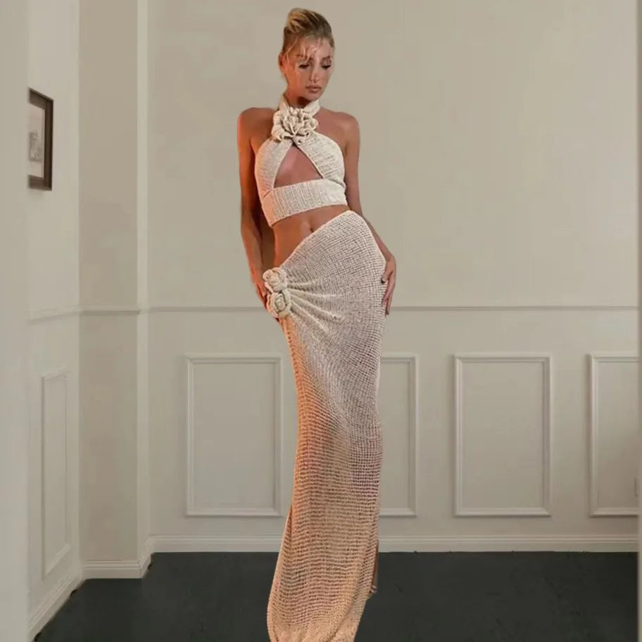 2-Piece Set Backless Beach Hanging Neck Top  Long Dress