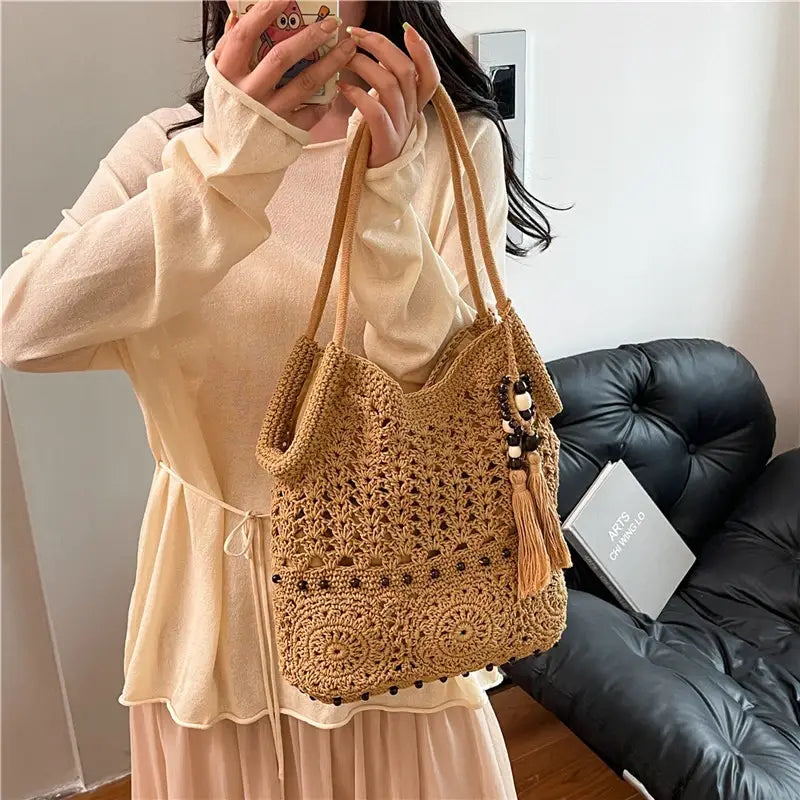 Weave Handbag Large Capacity Shoulder Bag Hollow out Tote