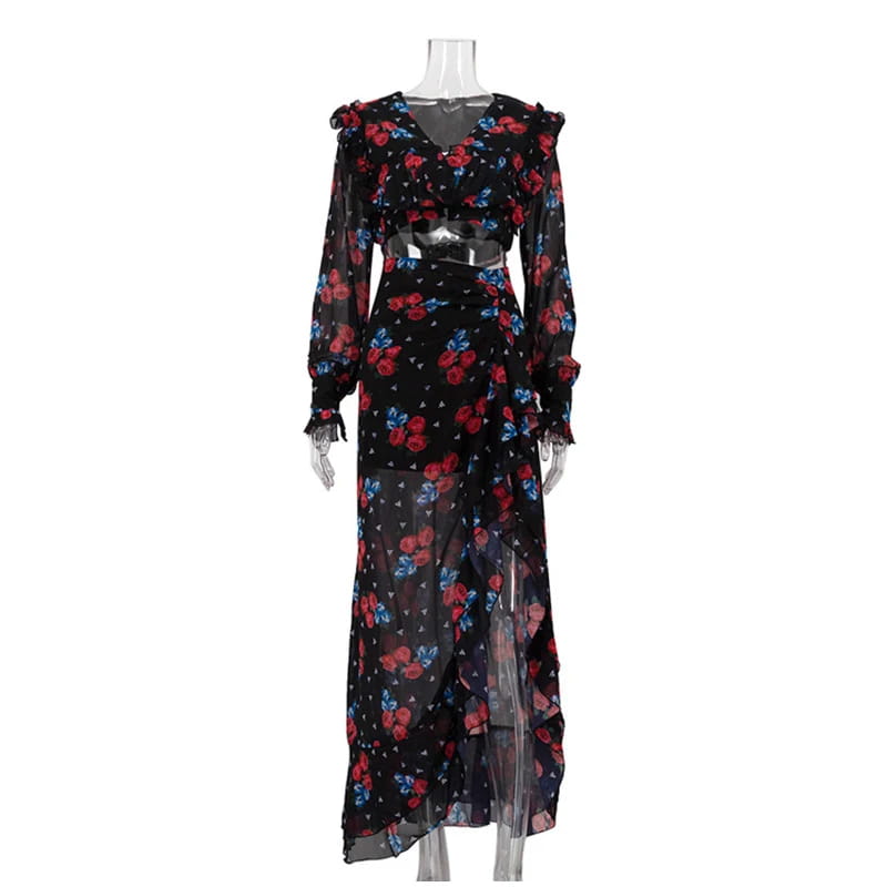 Printed Shirt Ruffles Split Skirt Sets Women