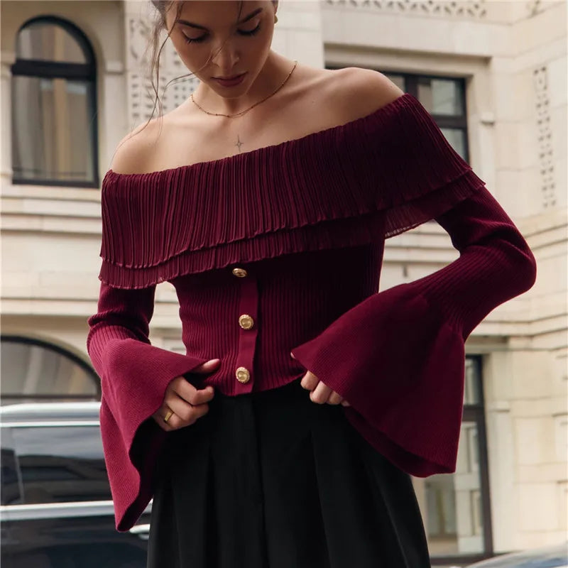 Knit Ruffles Pullover Sweater Flare Sleeve Patchwork Off-Shoulder Women’s Knitwear