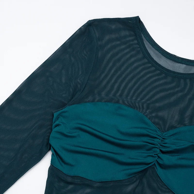 Mesh Patchwork Ruched Mini Dress Women