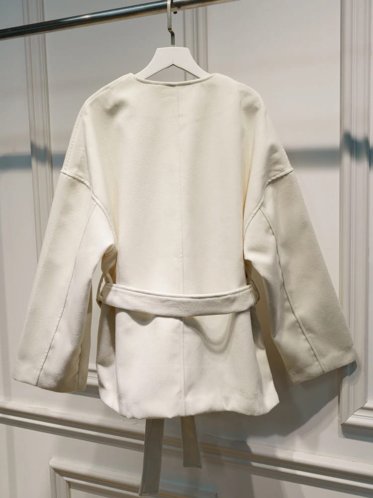 Elegant Belt Lace Up Woolen Jacket For Women